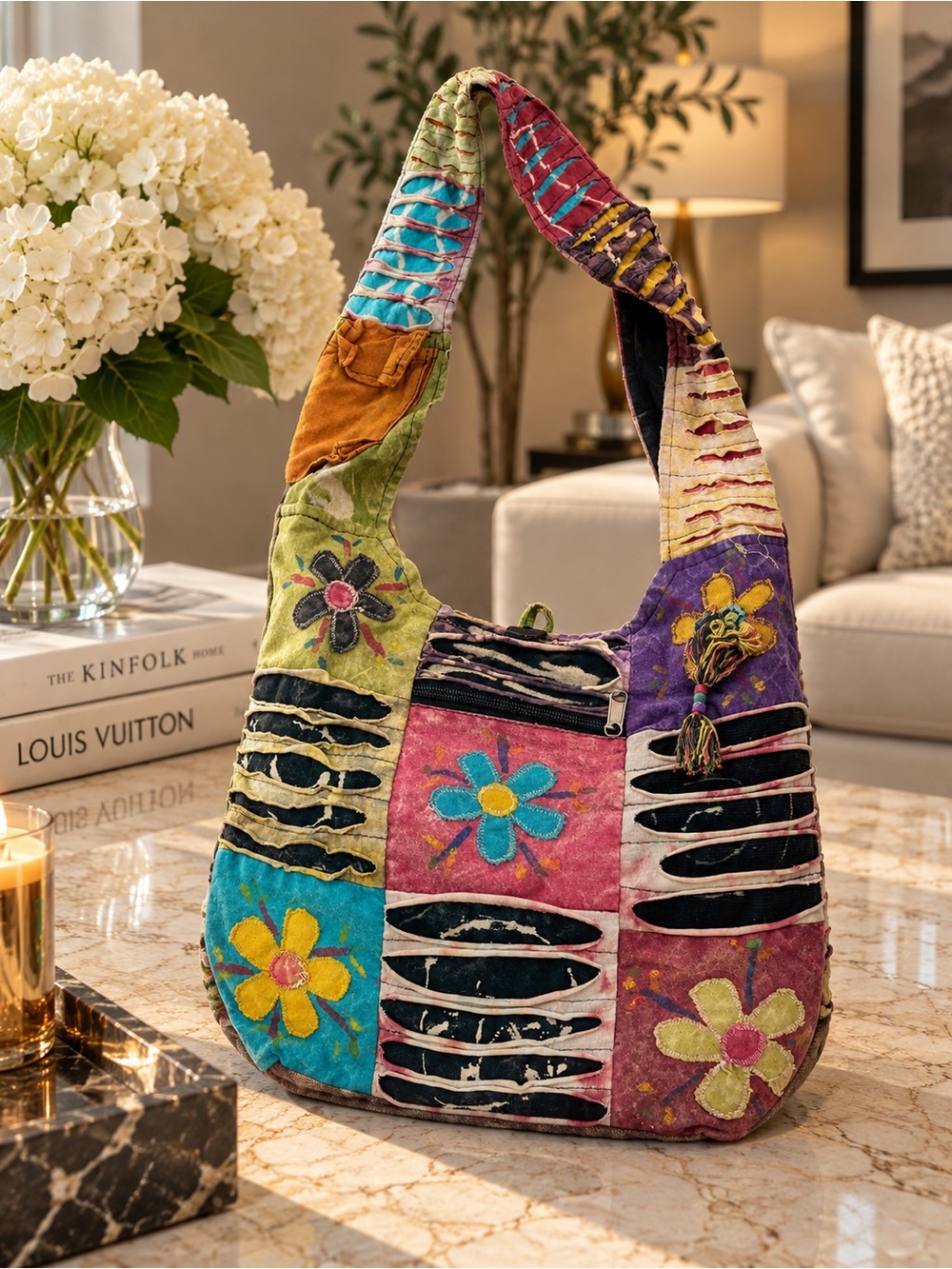 Boho Boutique Nepal Cotton Patchwork Hobo Bag Floral Embroidered Hippie